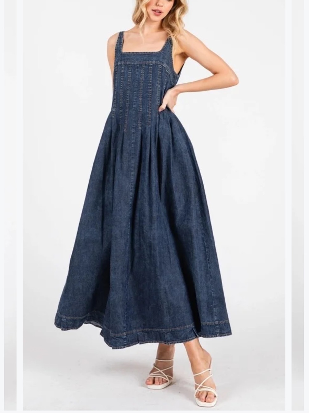 Denim Maxi Dress with Square Neckline - Dark Blue size M